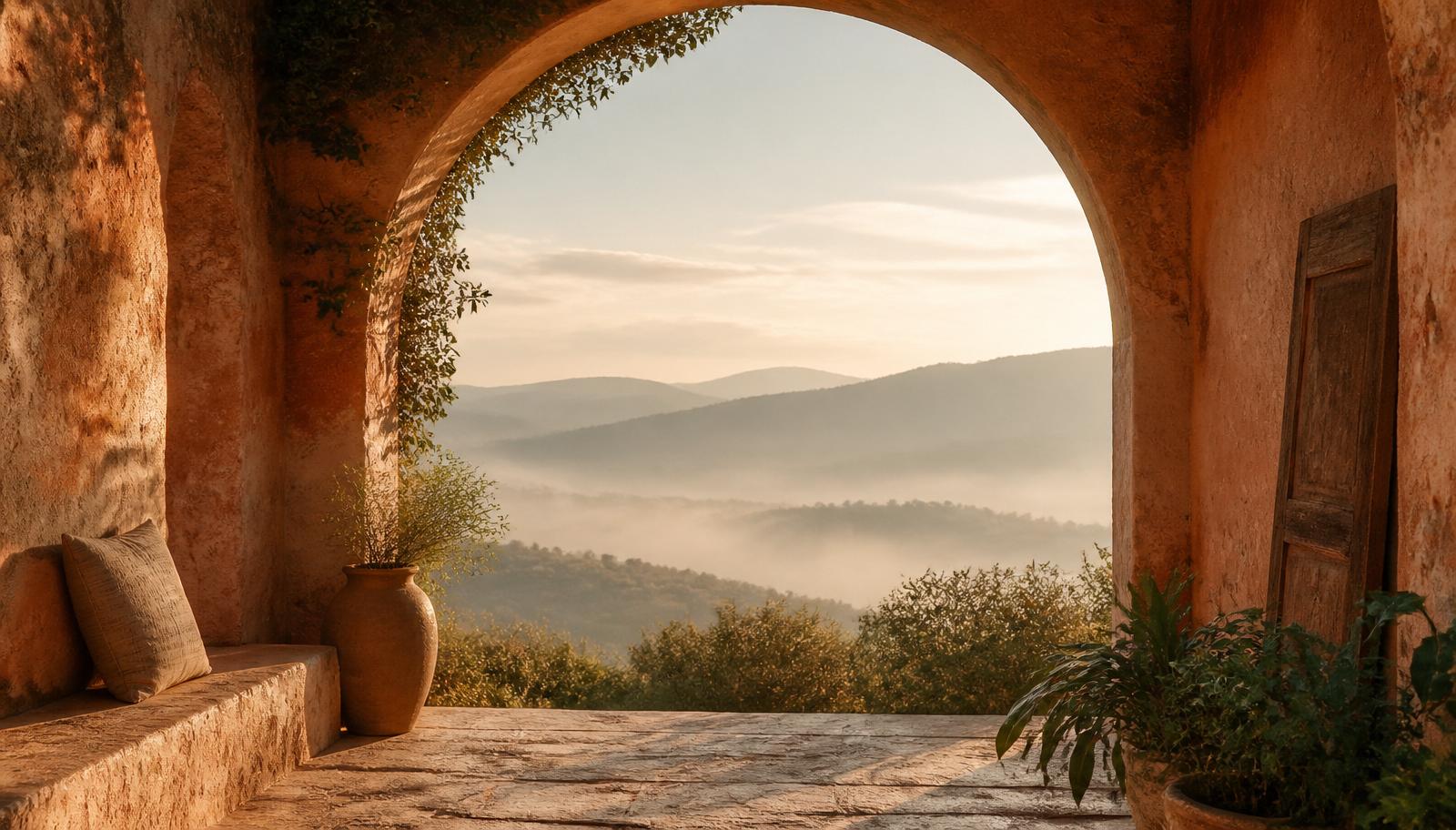 Sun-lit terracotta archway opening onto a soft landscape